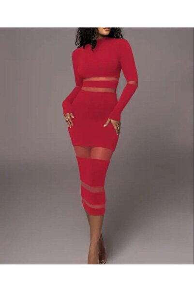 Viyamo Women's Stripe See-Through Detail Deal Product Midi Length Dress