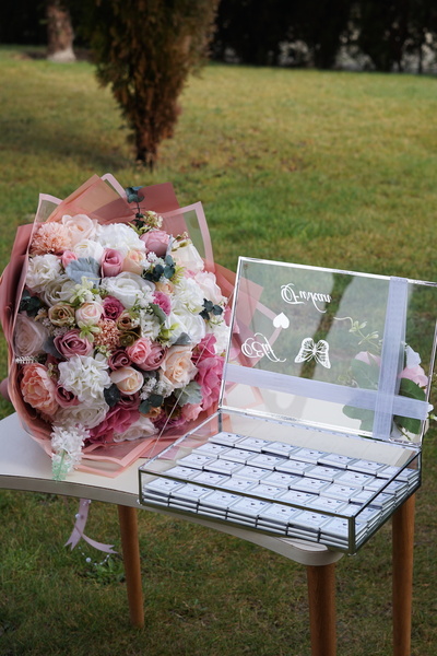 FilizKonuk Kız İsteme Buketi Söz Çiçeği Cam Kutuda Çikolata Nişan Seti Nikah ...