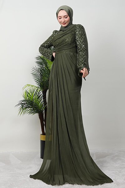 GİZ AGİYİM Βραδινό φόρεμα με λεπτομέρεια από πέτρα Tulle σε χακί χρώμα