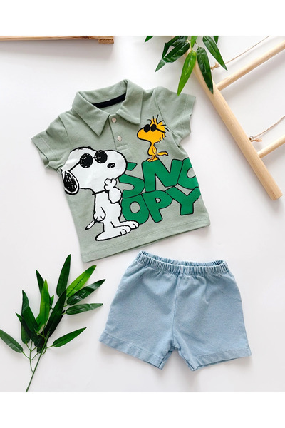 hümabebe Cool Snoopy Snap-Collar T-Shirt Knitted Denim Shorts Summer 2-Piece Set
