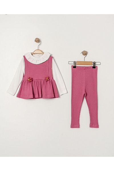 Eray Kids Ruffled Collar Floral Detailed Ribbed Seasonal Baby Girl Bottom Top Set