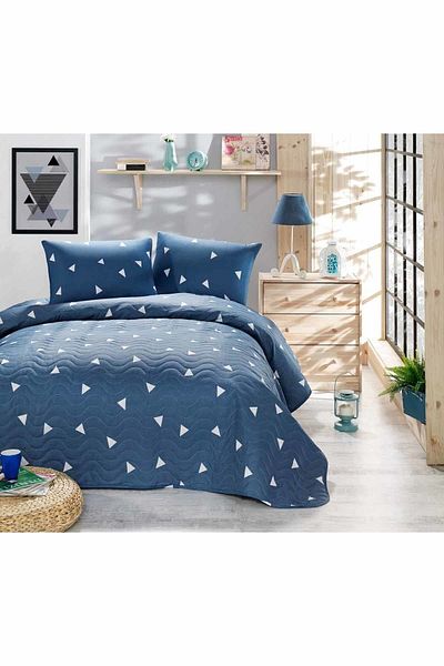 Eponj Home Set cuvertură de pat matlasată de o persoană Triunghi Negru.CloudBlue