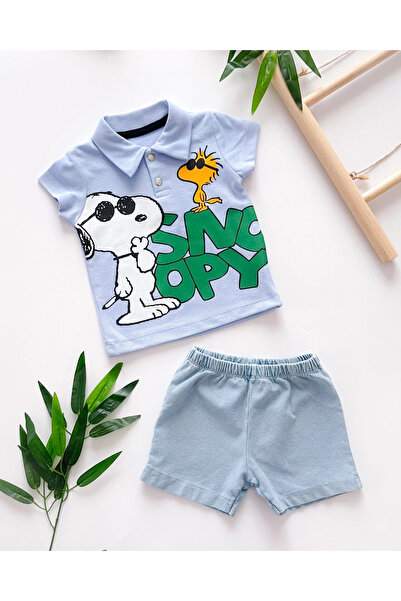 hümabebe Havalı snoopy çıtçıt yakalı tshırt örme kot şortlu yazlık 2li takım