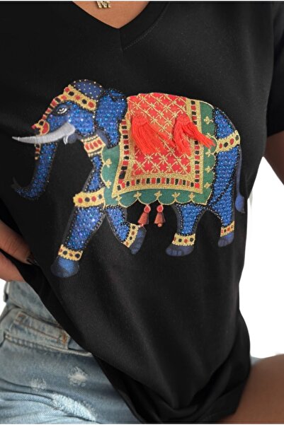 Cassime Women's Black Color Elephant Embroidered 100% Cotton V-Neck T-Shirt