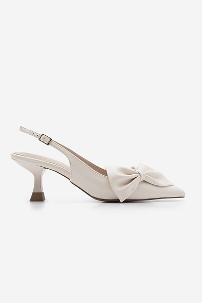 Marjin Damen-Stiletto-Schuhe mit spitzer Zehenpartie und Schleifendetail, offener Rücken, Fivas Ecru