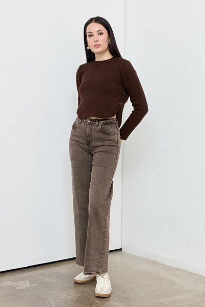 Qutu Butik 10702 ПЛЕТЕЕН ПУЛОВЕР С ОБЛА ЯКЛА И КОПЧЕТА ОТСТРАНИ