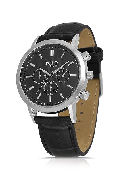 POLO Rucci Classic Leather Band Metal Case Men Wrist Watch Black Color Pl-0980E1X