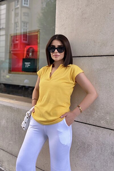 Juuuj Жълта поло яка, къс ръкав, рипсена камизолка, основна кройка/кройка, спортна и ежедневна блуза и тениска