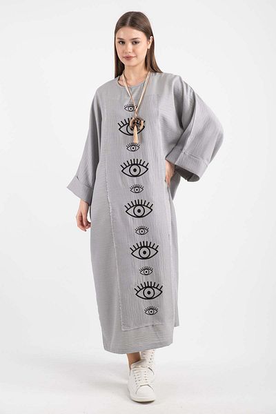 Hatun Atila Oversize Γυναικείο Κεντημένο Μακρύ Φόρεμα 5145 - Γκρι