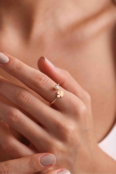 Bayar Gold 14 Ayar Altın İncili Yonca Yüzük