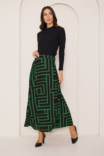 comstar Fusta lungă cu jumătate de căptușeală plisată cu model geometric verde - Hijab creponat