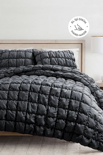 Evlen Home Collection Single Cotton Quilt - Filled Luxury Anthracite Sleeping Set 2 Pieces Handcrafted Puff Bed Cover Set