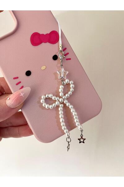 bohemian takı tasarim Beyaz İncili Fiyonklu Yıldız Telefon& Çanta Charmı