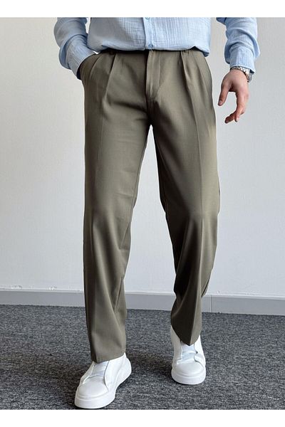 MerStore Men's Pleated Baggy Fabric Trousers with Elastic Waist