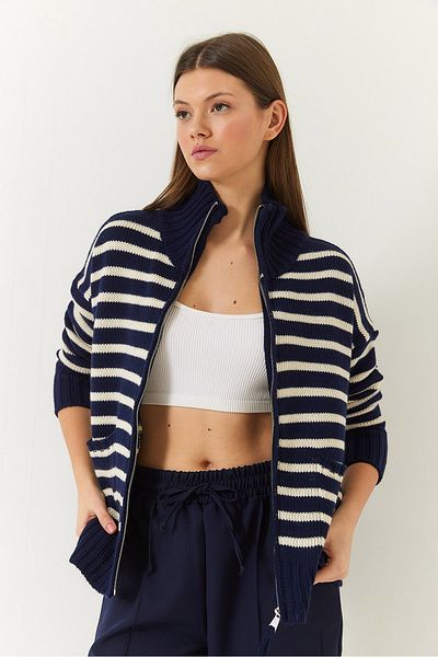 Bianco Lucci Women's Striped Zippered Knitwear Cardigan 20246314