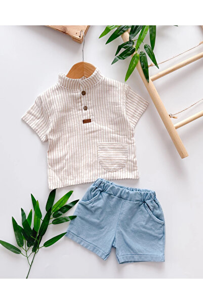hümabebe قميص موسلين بتفاصيل جيب مخطط، شورت جينز محبوك، طقم صيفي مكون من قطعتين