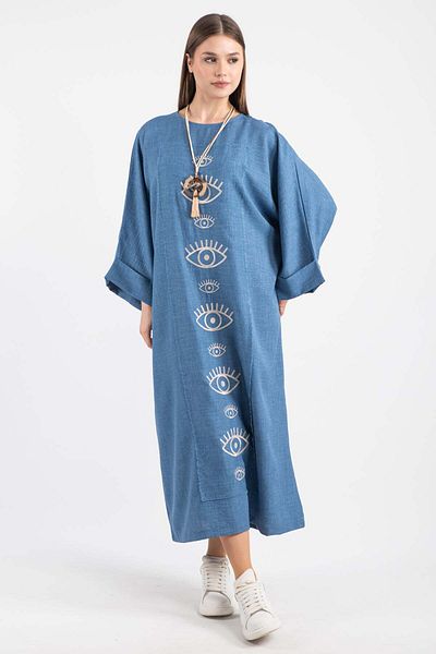 Hatun Atila Μπλε Oversize Μακρύ Γυναικείο Φόρεμα με Κεντητό Μάτι 5145
