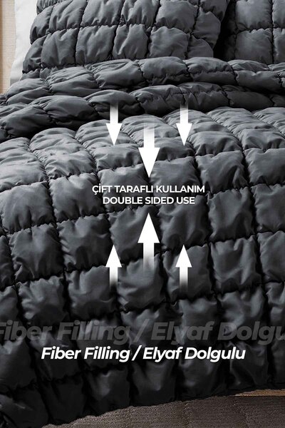 Evlen Home Collection Puff Yatak Örtüsü Seti Çift Kişilik El İşi Pamuklu Yorgan Uyku Takımı 3 Parça Antrasit Koyu Gri