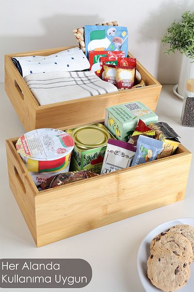 Meleni Home Cutie organizatoare multifuncțională din bambus din 2 bucăți - Organizator de bucătărie pentru blat, baie, cutie decorativă de depozitare
