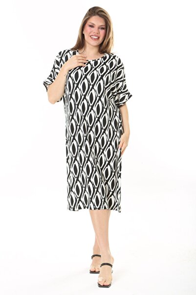Şans Women's Plus Size Bone Wrap Fabric Short Sleeve Print Dress 65N37858