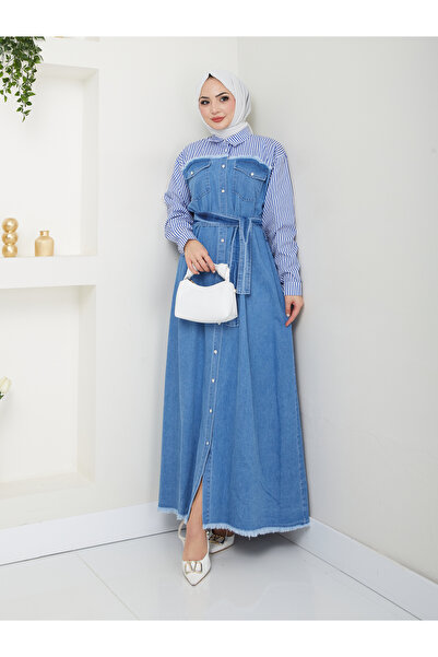 MY QILAM Fashion Women's Denim Dress - Size 10, Shirt Detail, Light Color 10Nmr2001
