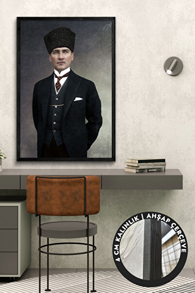 Evinemoda Mustafa Kemal Atatürk Tek Parça Siyah Çerçeveli Kanvas - Canvas Tablo