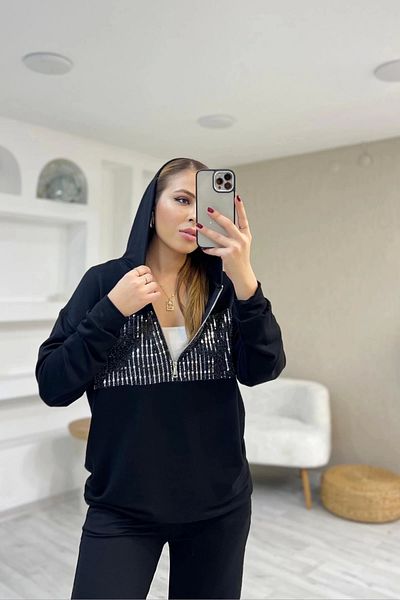 Bİ.GİYSEN Women's Black Chest Detailed Half Zipper Lycra Two Yarn Fabric Tracksuit Set