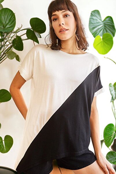 Juuuj Γυναικεία μαύρη στρογγυλή λαιμόκοψη, κοντό μανίκι, διπλό χρώμα, υψηλής ποιότητας ύφασμα άνετη εφαρμογή, μπλούζα κανονικού μεγέθους.