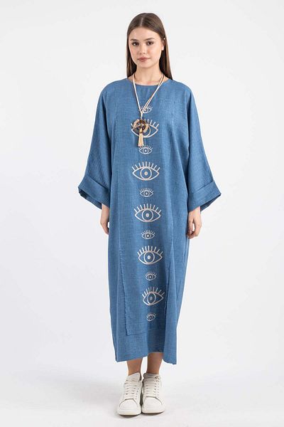 Hatun Atila Μπλε Oversize Μακρύ Γυναικείο Φόρεμα με Κεντητό Μάτι 5145