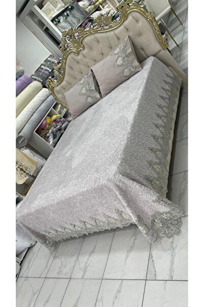 AHSEN TASARIM Gri fransiz dantelli battaniye seti