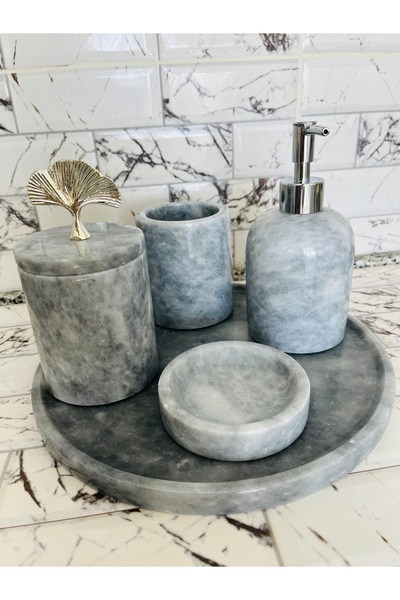 SAMTAŞ Γκρι Μαρμάρινο Σετ Μπάνιου 5 τεμαχίων με Ασημένια Αξεσουάρ
