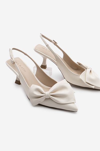 Marjin Damen-Stiletto-Schuhe mit spitzer Zehenpartie und Schleifendetail, offener Rücken, Fivas Ecru