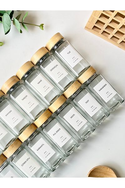 Mottogo 14-Piece Glass Spice Rack Set with Bamboo Lids + 16 Labels