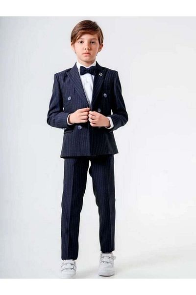Zekids Boy's Striped Double Breasted Lapel Suit (10-14 Years Old)