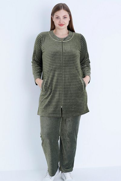 İntensive Women's Khaki Line Print Long Sleeve Ribbed Zippered Plus Size Cotton Velvet Bottom Top Suit
