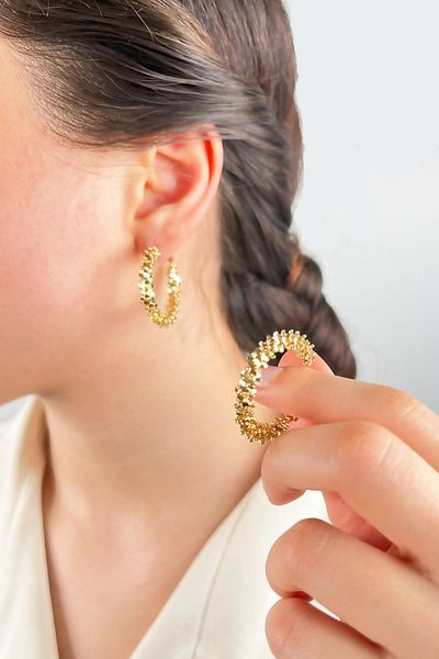 Sose Moda 3cm Wide Gold Color Hoop Serrated Earrings