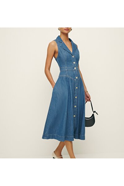 Vera Tekstil Kadın , mavi , ceket yaka gold düğmeli kolsuz  denim midi boy elbise