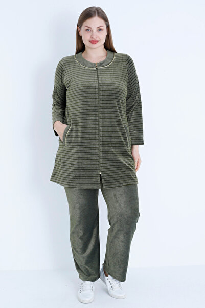 İntensive Women's Khaki Line Print Long Sleeve Ribbed Zippered Plus Size Cotton Velvet Bottom Top Suit