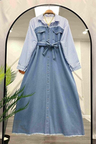 MY QILAM Fashion Women's Denim Dress - Size 10, Shirt Detail, Light Color 10Nmr2001