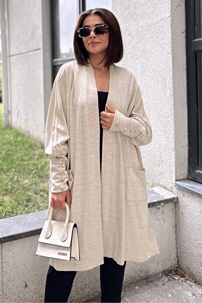 Juuuj Women's Beige Plain Shawl Collar, Long Sleeve, Button Detailed Slit Sof...
