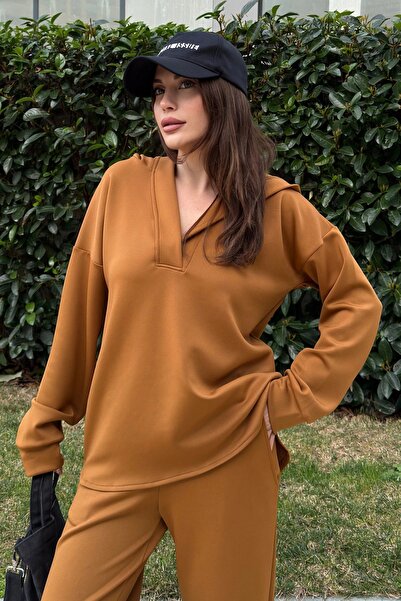 Juuuj قماش سكوبا بني نسائي، فضفاض، بلوزة سويت شيرت بغطاء للرأس