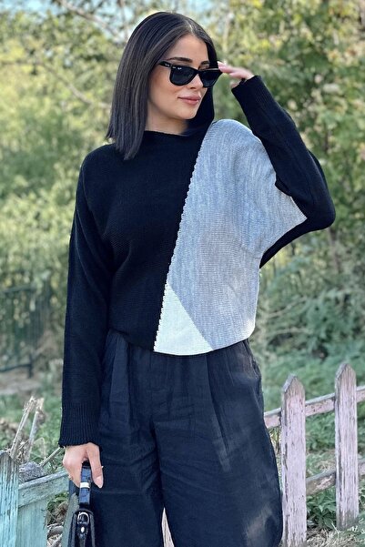 Juuuj Pulover de damă negru blocat, cu mânecă lungă, textura moale, tricotaj ...