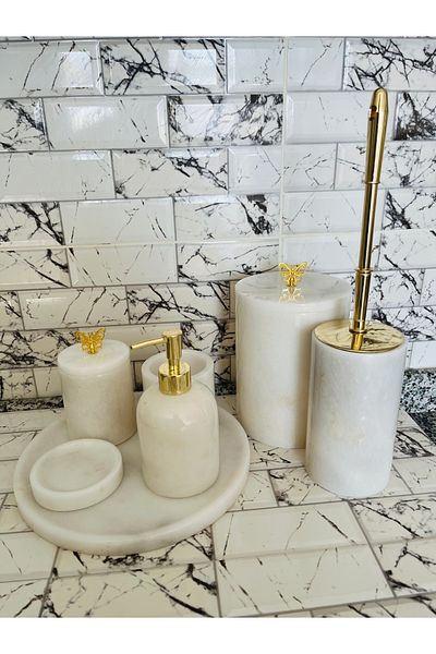 SAMTAŞ White 7-Piece Marble Bathroom Set with Gold Butterfly Accessories