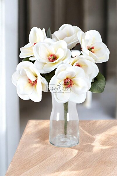 Yapay Çiçek Deposu Magnolie umedă artificială premium cu 7 ramuri, 40 cm, albă