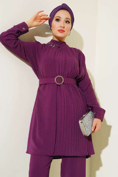 moda periy Women's Jewelled Collar Pleated Tunic Pants Suit Hijab Combination