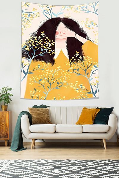 on the clouds Single Eye Covering Girl Spring Theme Mimosa Flower Stain Resistant Fabric Wall Cover Wall Tapestry Tapestry