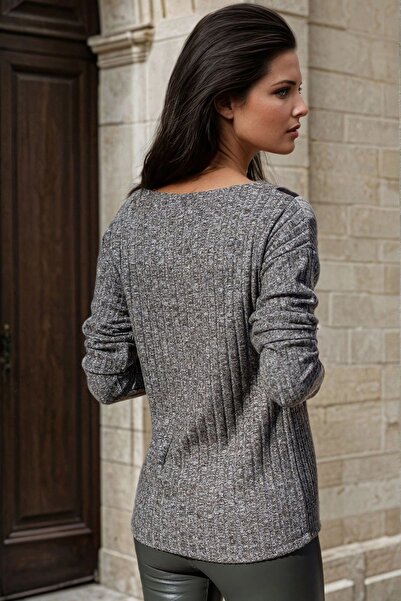 Genel Markalar Antrasit V Yaka, Çift Şerit Detaylı, Triko Bluz