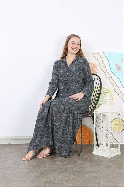 Şans Women's Plus Size Gray Woven Viscose Length Button-Down Long Dress with Pockets 65N38738