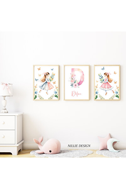 NILLIE DESIGN Pembe Defne Yapraklı Kızlar 3'lü İsimli Tablo, Doğal Ahşap Çerç...