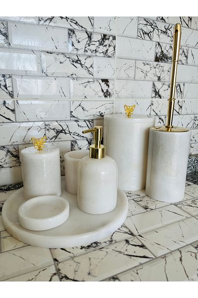 SAMTAŞ White 7-Piece Marble Bathroom Set with Gold Butterfly Accessories